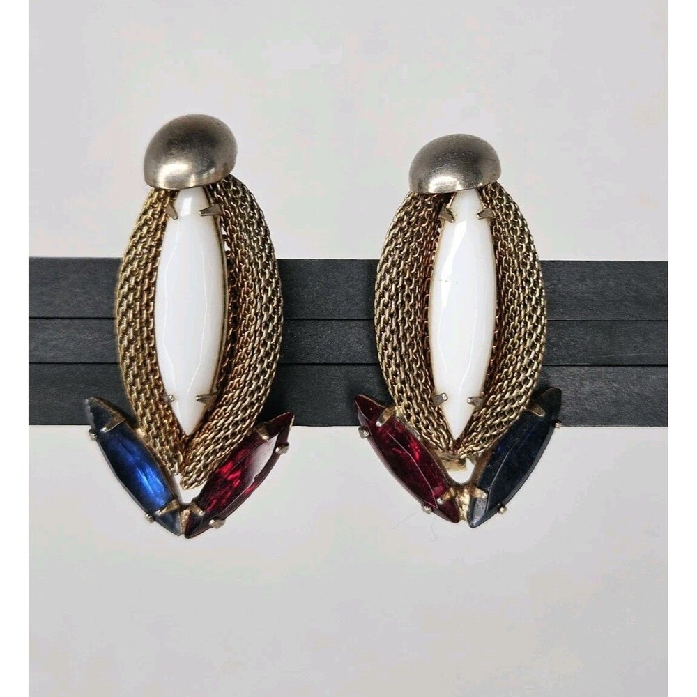 Vintage Signed Hobé Red White & Blue Patriotic Clip-On Earrings Mesh Retro